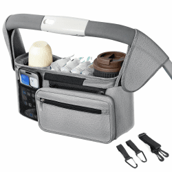 AiQInu Kinderwagen Organizer Universal mit 2 Isolierten Getränkehalter/Becherhalte, Buggy Organizer,Kinderwagentaschen mit Reißverschlusstasche, Schultergurt und Rutschfeste Sichere Haken Grau Angebot bei HelloDeals