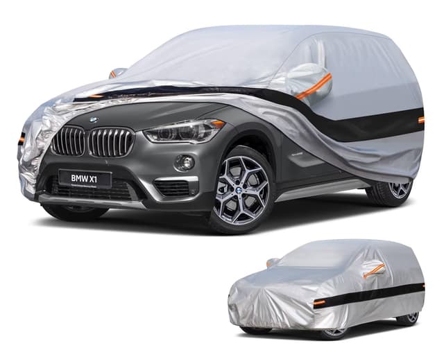Holthly Autoabdeckung SUV Passend für BMW X1 E84/F48/F49/U11(2009-2025) 10 Schichten Vollgarage Auto Abdeckplane 100% Wasserdicht Autoplane Outdoor Autogarage Staubschutz,Wind,Regen und UV Schutz. Silber Passend für BMW X1