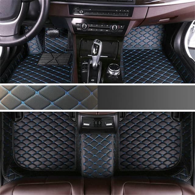 Personalisierung Anpassen Autofussmatten - 3D Luxus PU-Leder Auto Fussmatten Massanfertigung, Nach Maß Fußmatten Kompatibel mit 99% AutoMarke Modell (Schwarz Blau)