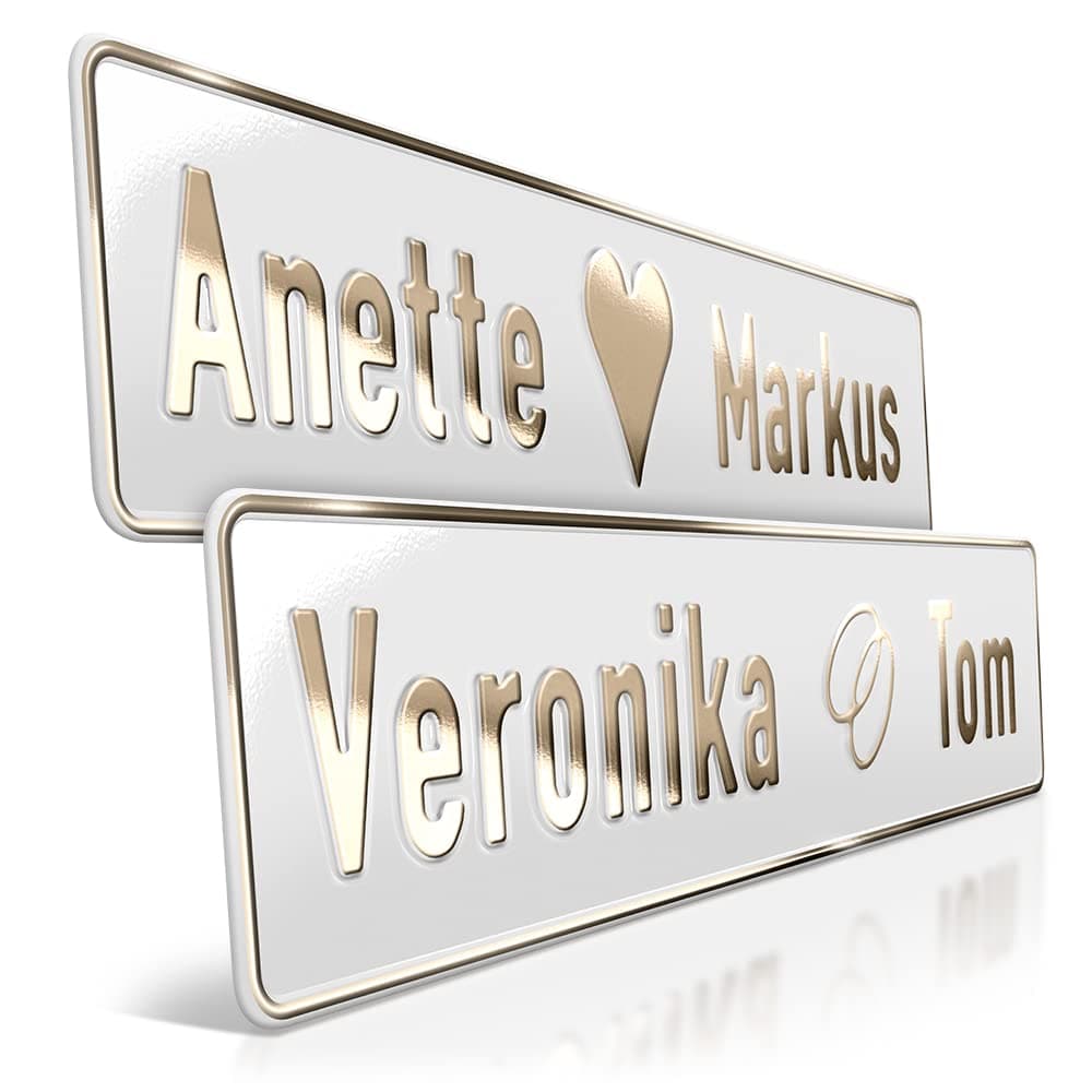 1 Hochzeit Autoschild Weiß | Goldprägung Wunschtext | Herz & Ringe | Aluminium Hochzeitsschild | Hochzeitsauto Kennzeichen | just married | grod gheirat Platine: Weiß