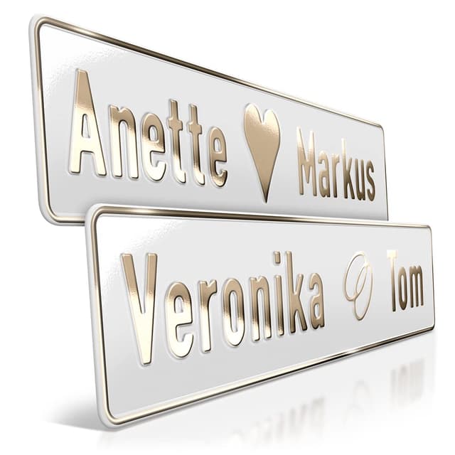 1 Hochzeit Autoschild Weiß | Goldprägung Wunschtext | Herz & Ringe | Aluminium Hochzeitsschild | Hochzeitsauto Kennzeichen | just married | grod gheirat Platine: Weiß