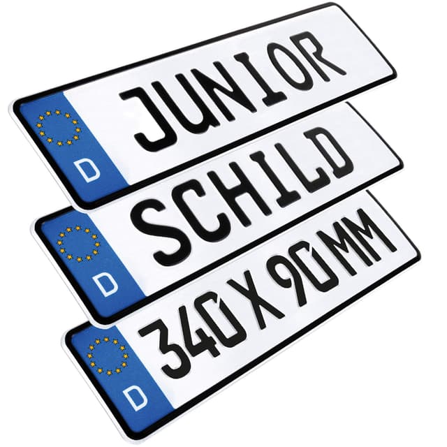 L & P Car Design 1 Stück Kennzeichen Junior-Schild 34cm x 9cm Farbwahl Bohrung Wunschtext Wunschkennzeichen Wunschprägung Namensschild Bobbycar Kettcar Fun Schild