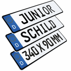 L & P Car Design 1 Stück Kennzeichen Junior-Schild 34cm x 9cm Farbwahl Bohrung Wunschtext Wunschkennzeichen Wunschprägung Namensschild Bobbycar Kettcar Fun Schild Angebot bei HelloDeals