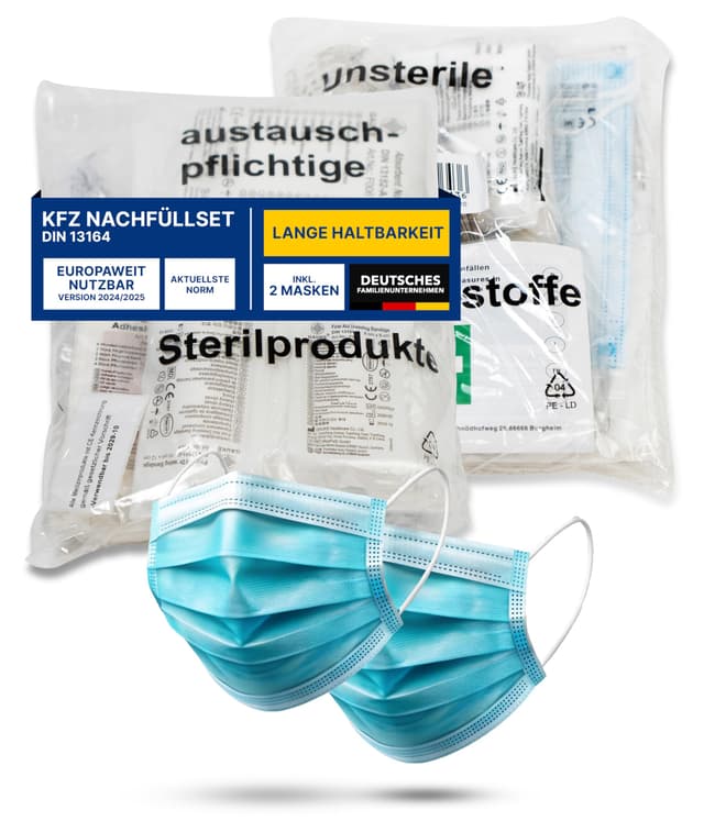 Thomatex® Erste Hilfe Nachfüllset 2025/2026 [DIN 13164-2022] – Lange Haltbarkeit, StVO-konform – Ideal für KFZ-Verbandskästen – EU-weit gültig