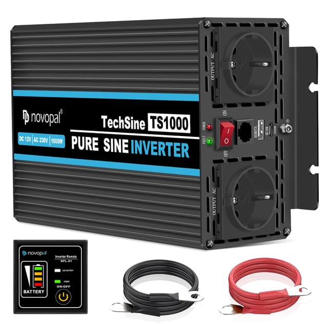 novopal 1000W Wechselrichter Reiner Sinus mit 12v auf 230v Spannungswandler 2 EU Steckdose und QC18W+PD 30W-inkl. 5 Meter Fernsteuerung - Spitzenleistung 2000 Watt
