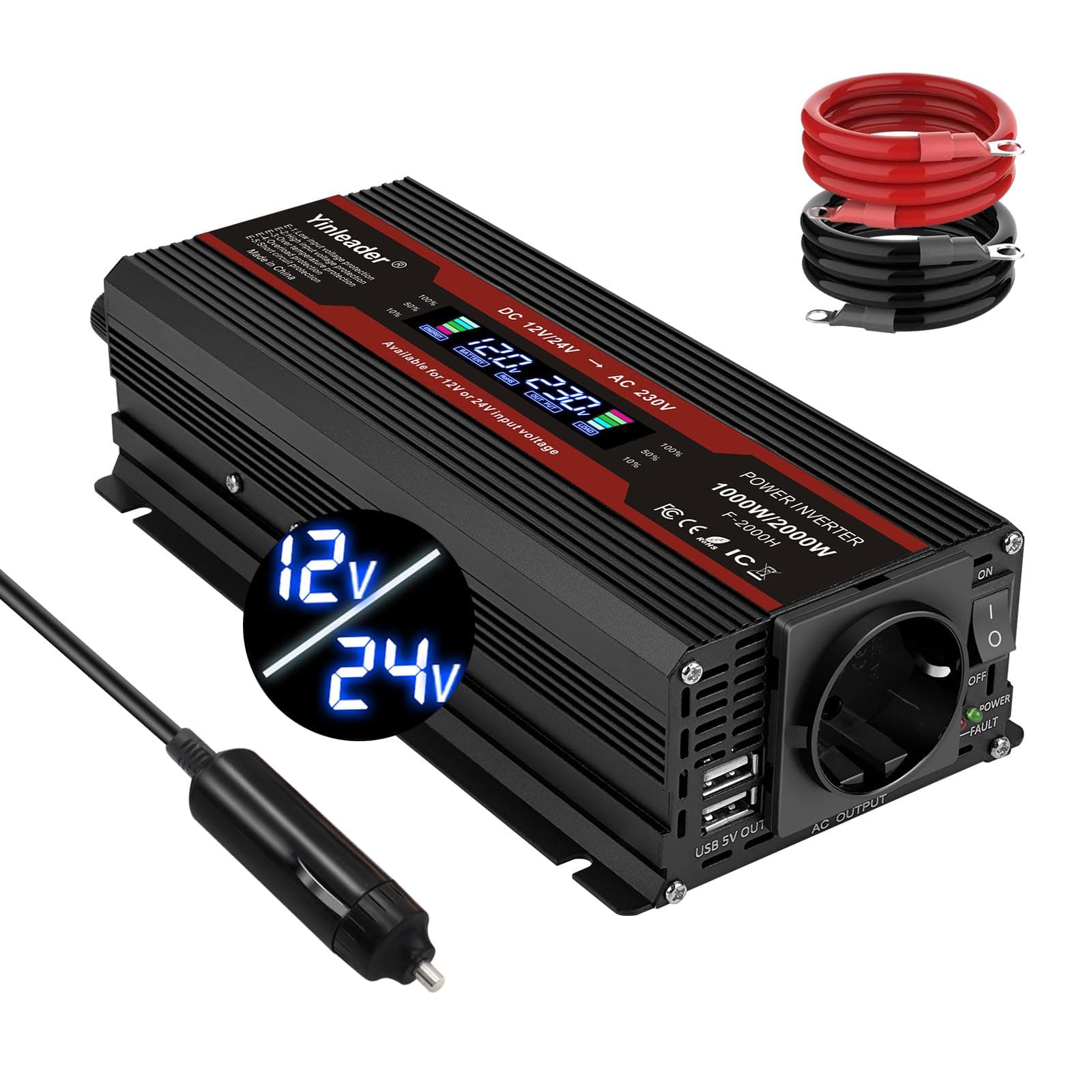 Yinleader 2000W Wechselrichter 12V/24V auf 230V LCD 1 EU Steckdosen 2 USB Spannungswandler mit Zigarettenanzünder 1000W