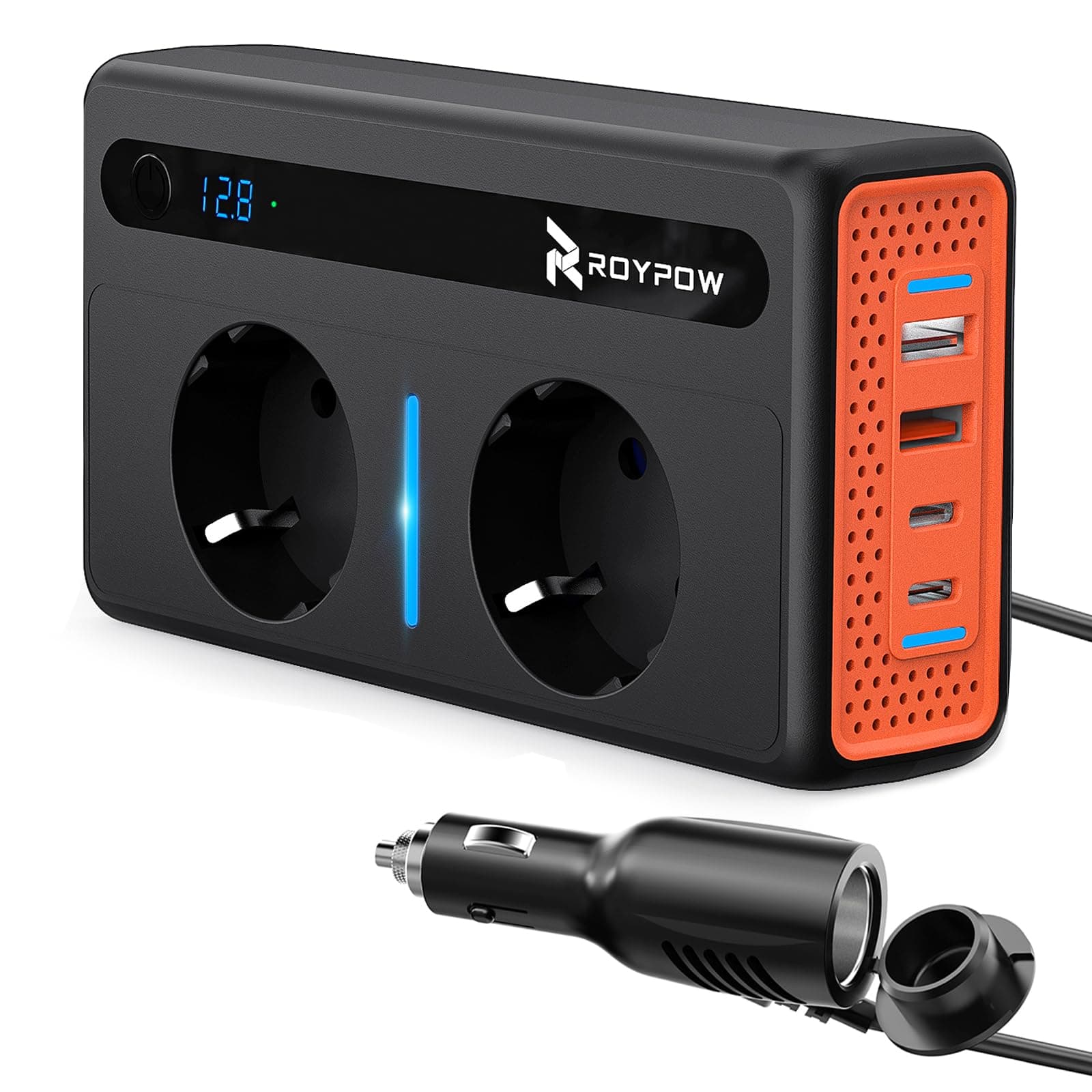 RoyPow DC to AC Wechselrichter Auto Spannungswandler 200W 12V to 230V mit 2 Steckdosen und 4 USB Ports Schnelles Aufladen KFZ Ladegerät mit Zigarettenanzünderstecker