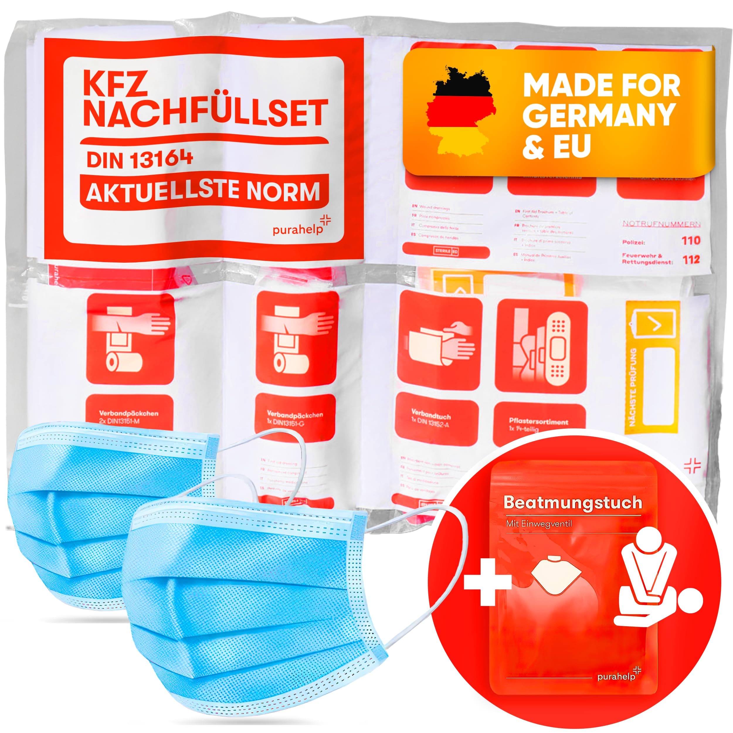 PURAHELP® KFZ Erste Hilfe Nachfüllset inkl. Beatmungstuch [DIN 13164] - Nachfüllset für Auto Verbandkasten 2025 Konform - Set zum Auffüllen der Verbandstasche für PKW - Car First Aid Kit Nachfüllung