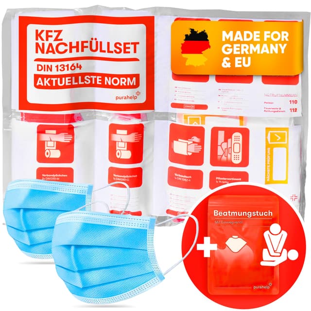 PURAHELP® KFZ Erste Hilfe Nachfüllset inkl. Beatmungstuch [DIN 13164] - Nachfüllset für Auto Verbandkasten 2025 Konform - Set zum Auffüllen der Verbandstasche für PKW - Car First Aid Kit Nachfüllung