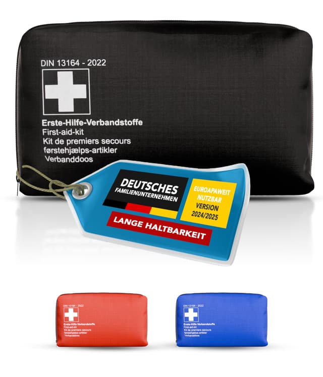 Thomatex® KFZ Verbandstasche 2025/2026 [DIN 13164-2022] – Kompakter Verbandskasten – Lange Haltbarkeit – Erste-Hilfe-Set, StVO-konform – Schwarz