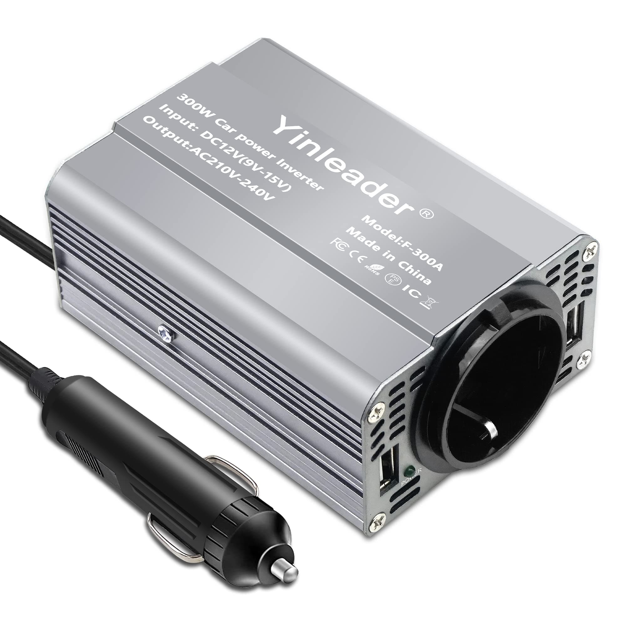Yinleader Wechselrichter 12V auf 230V 300W 1 EU-Steckdosen 2 USB KFZ-Spannungswandler