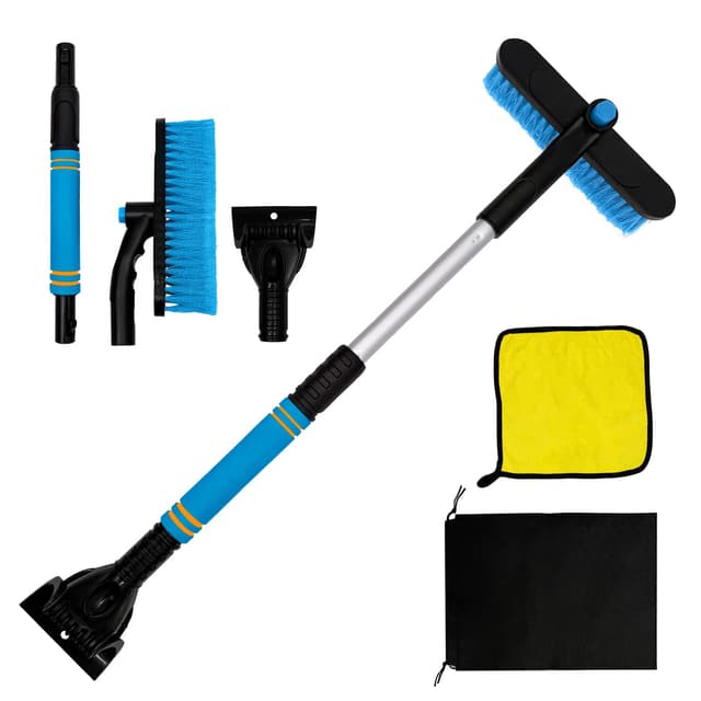 Eiskratzer Auto mit Besen Schneebesen Autowaschhandtuch, Telecop 56-73 cm, ABS Eisbrecher, Ergonomischem Schaumstoffgriff, Schonende Borsten, Scheibenkratzer Auto, 360 Drehung Abnehmbar (Blau)