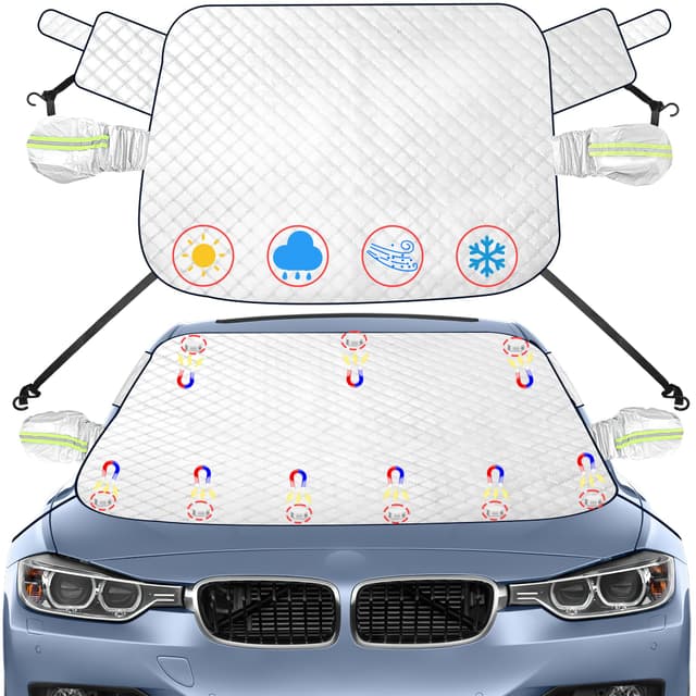 Car Windshield Cover - 600D Windshield Snow Cover with Magnet Protects Side Mirror Cover, Waterproof & Standard Winter Frost Hail Protector for Most Car, Truck, SUV, Van and MPV (59 x 50 Inch) silver