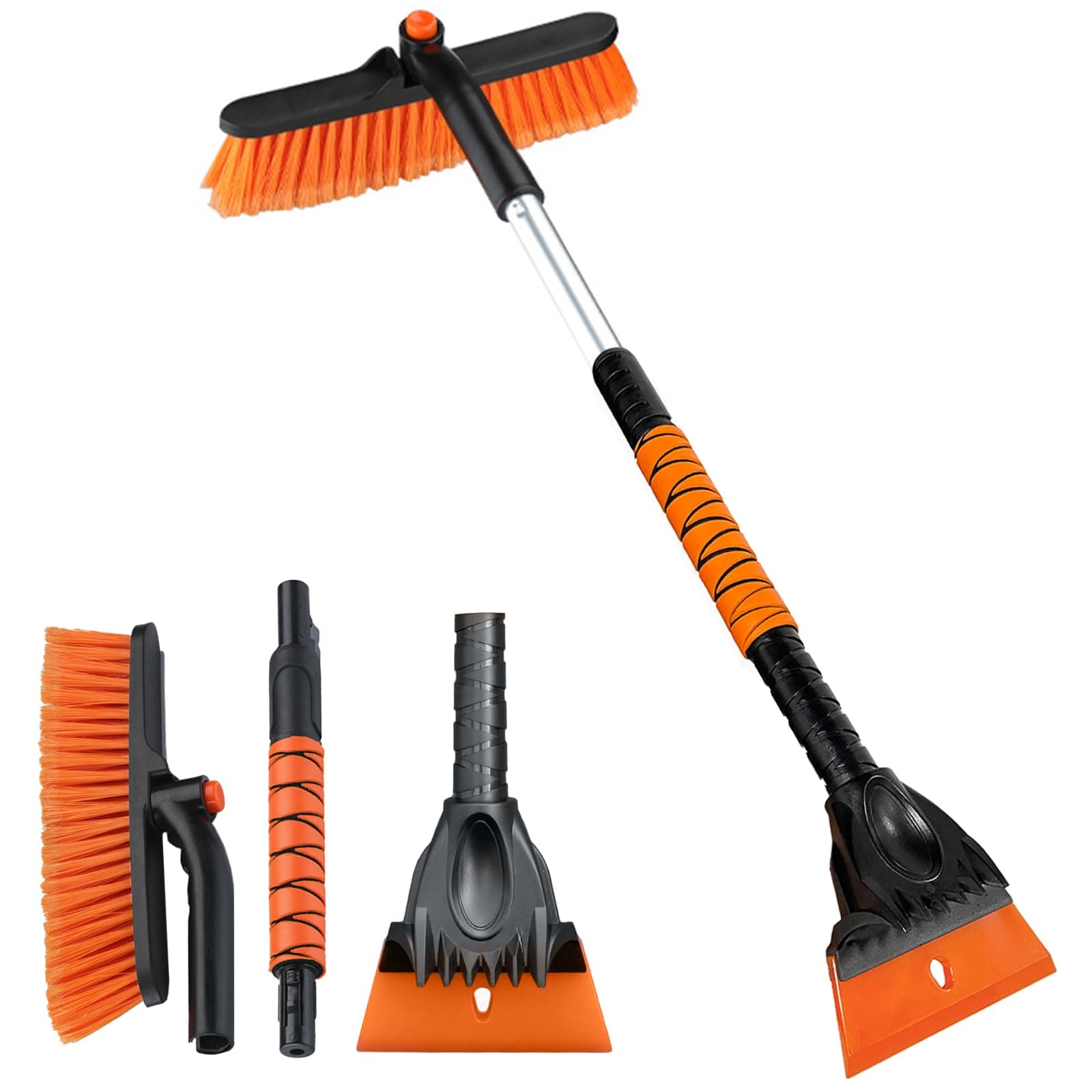 Eiskratzer Auto mit Besen Schneebesen Reinigungsbürste Auto Winter Teleskop Zubehör Scheibenkratzer mit Schaumstoffgriff 180 ° Drehbarer Bürstenkopf für Auto SUV Windschutzscheibe (Orange Farbe)