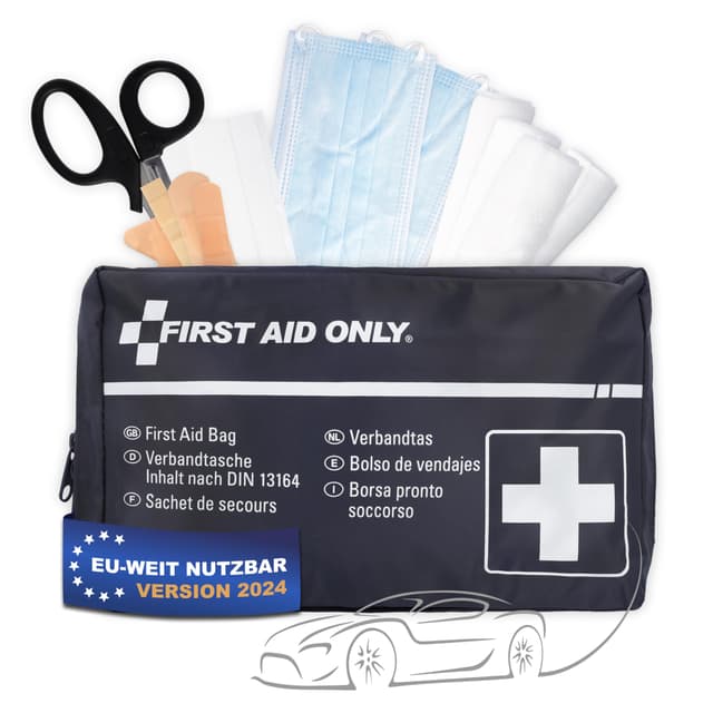 First Aid Only Kfz Verbandtasche DIN 13164 | Auto Verbandskasten als Erste Hilfe Set für HU (StVO-konform) | Notfalltasche für Auto und Motorrad | P-10019 Schwarz DIN 13164