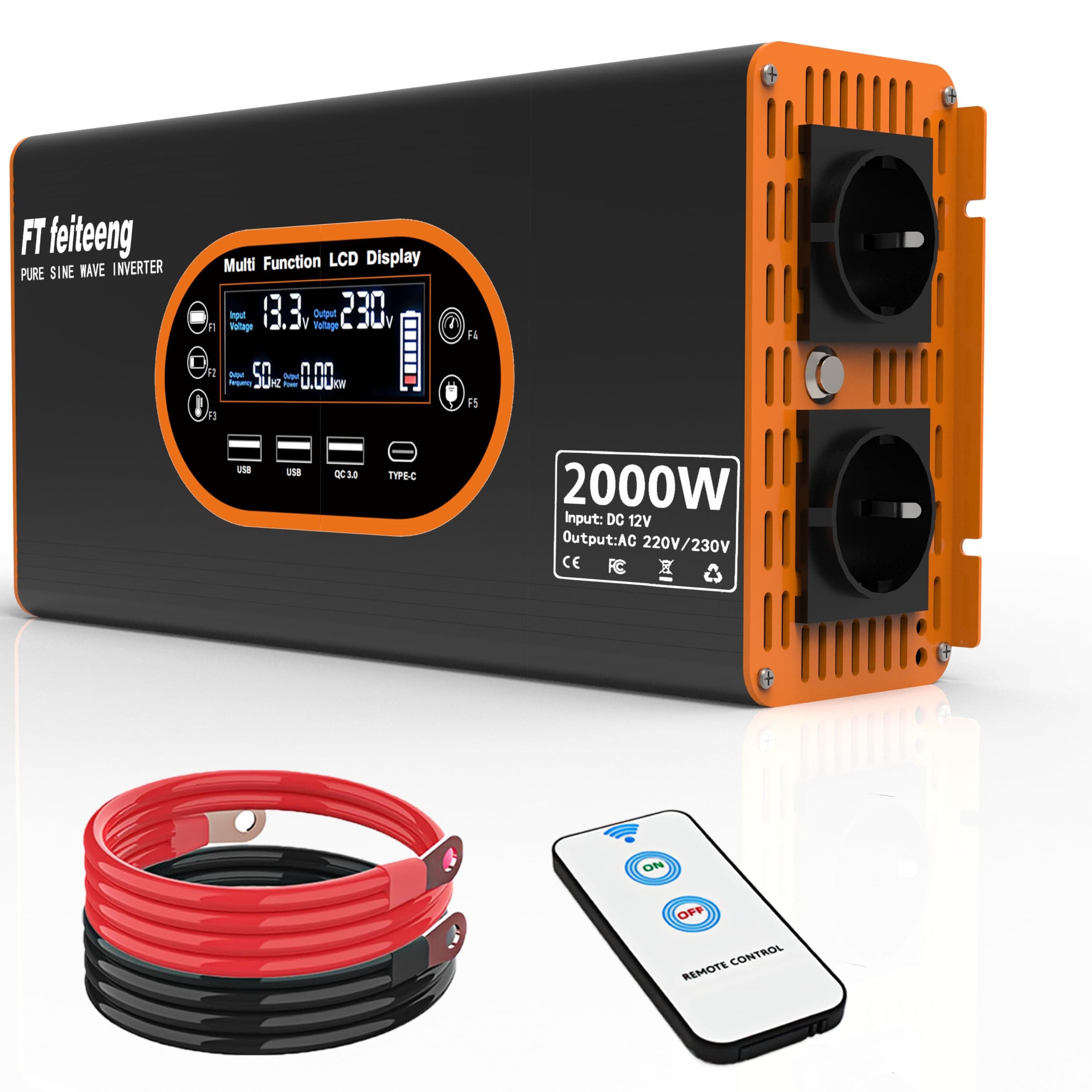 Wechselrichter 2000W 12V auf 230V Reine Sinuswelle - Spannungswandler LCD Display mit 2 EU-Steckdosen und 3 USB Typ-C Port，Steckdose mit Fernbedienung für Wohnmobil Auto Camping