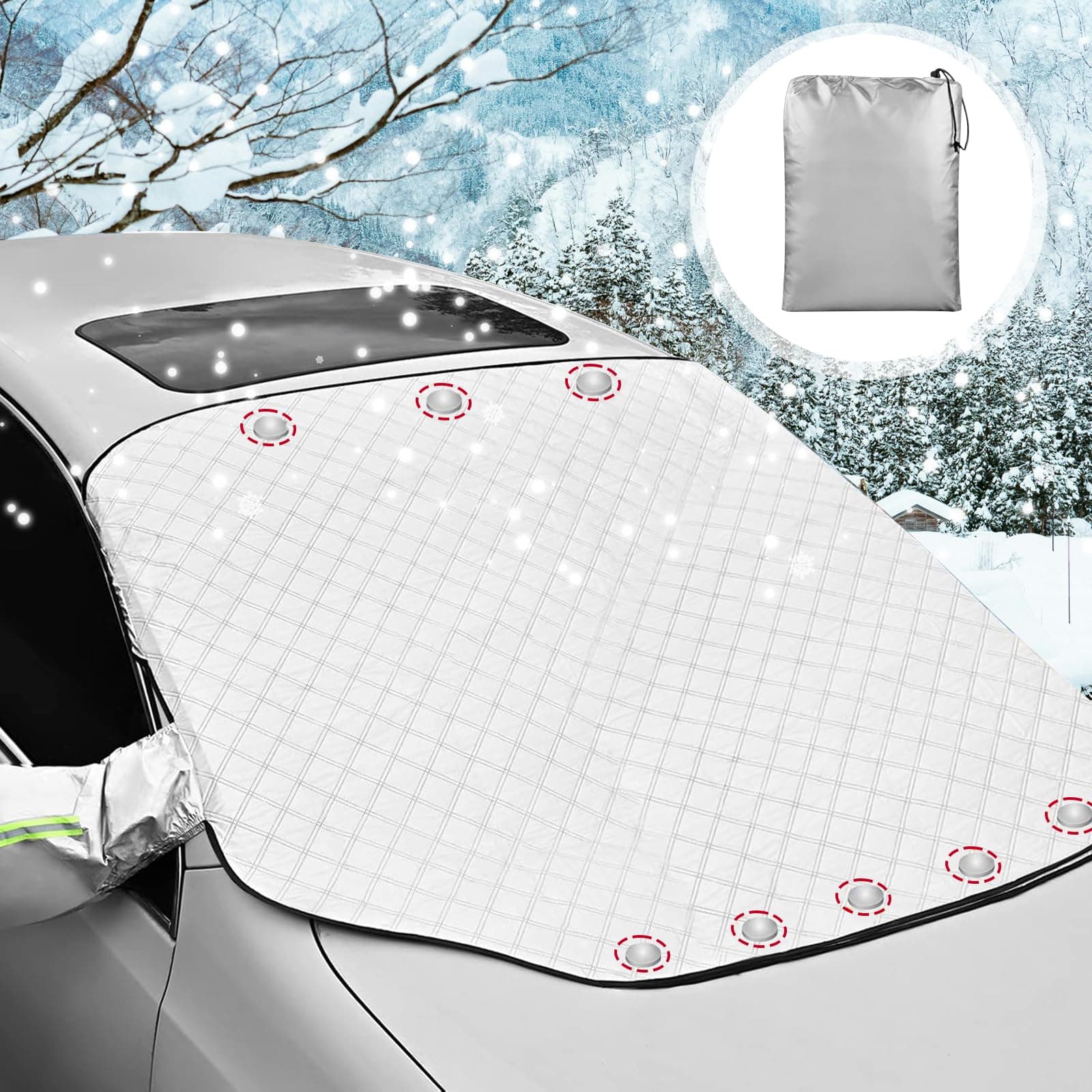 Pizsieat Autoscheibenabdeckung Winter,Frontscheibenabdeckung Auto Magnetisch, Windschutzscheibenabdeckung Ultra-Dicke Aluminiumfolie Eisschutz mit Rückspiegel Abdeckplane für Die Meisten Autos & SUV