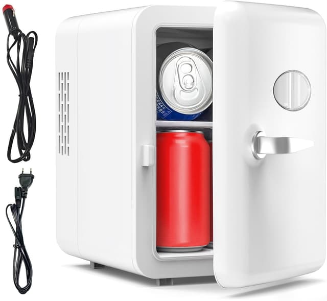 Vexloria Mini Kühlschrank, 4 Liter/ 6 Dosen Mini-Kühlschränke für Kosmetik, Getränke, 220V AC/ 12V DC Thermoelektrische Kühlung, Kleiner Kühlschrank für Schlafzimmer, Büro, Wohnheim, Auto (Weiß)