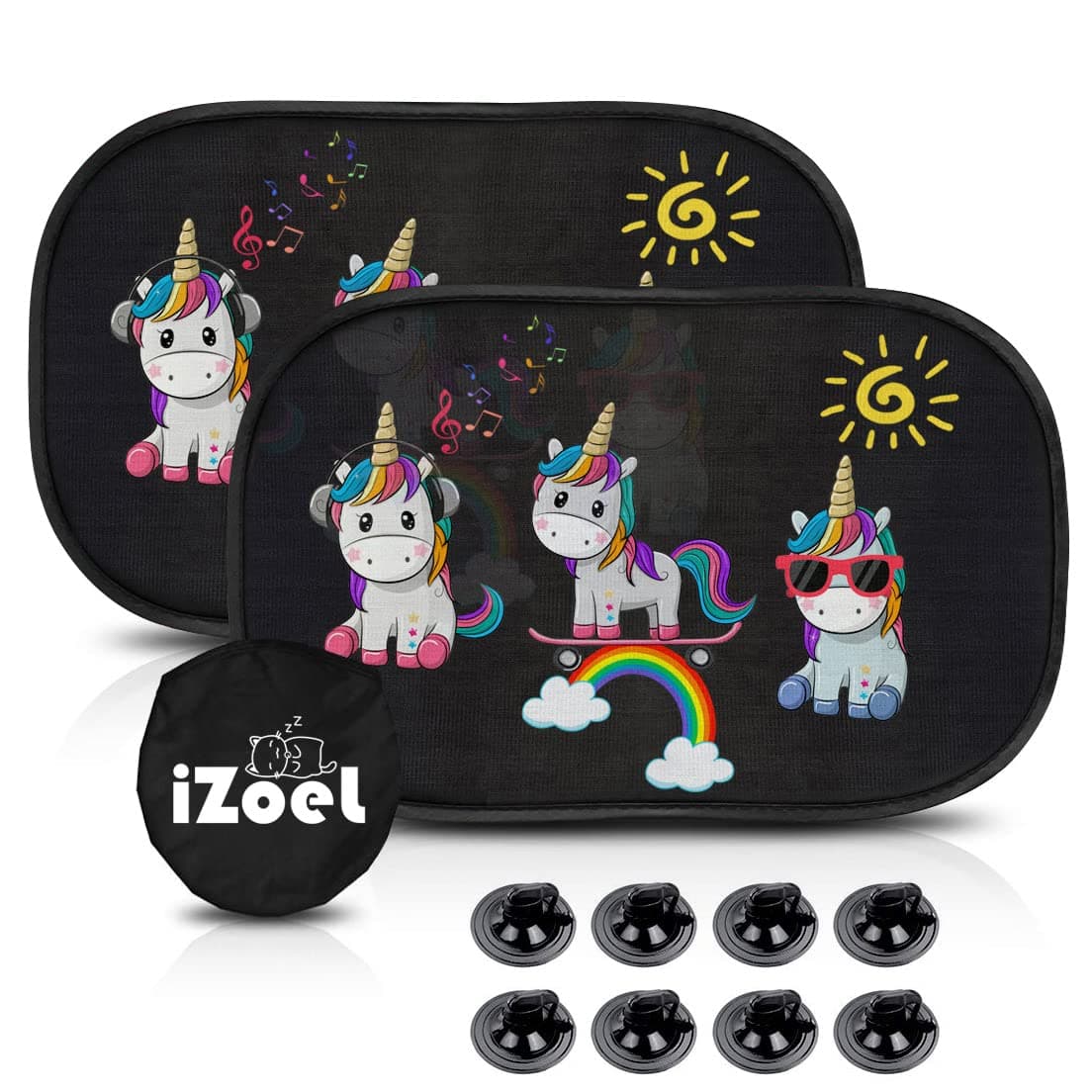iZoeL Sonnenschutz Auto Baby mit UV Schutz, 2 Pack Sonnenblende Kinder mit 8 Saugnapf, Schatten Autofenster Seitenscheibe Motiv Tiere (Einhorn)