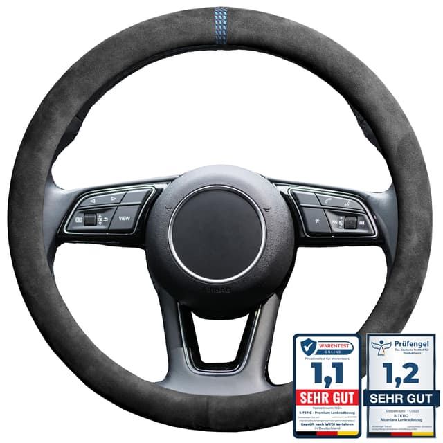 S-TETIC® Premium Lenkradbezug aus Alcantara | Racing Blue Edition | Universalgröße 36-38 cm | Lenkradcover | für Sommer und Winter Alcantara - Racing Blue
