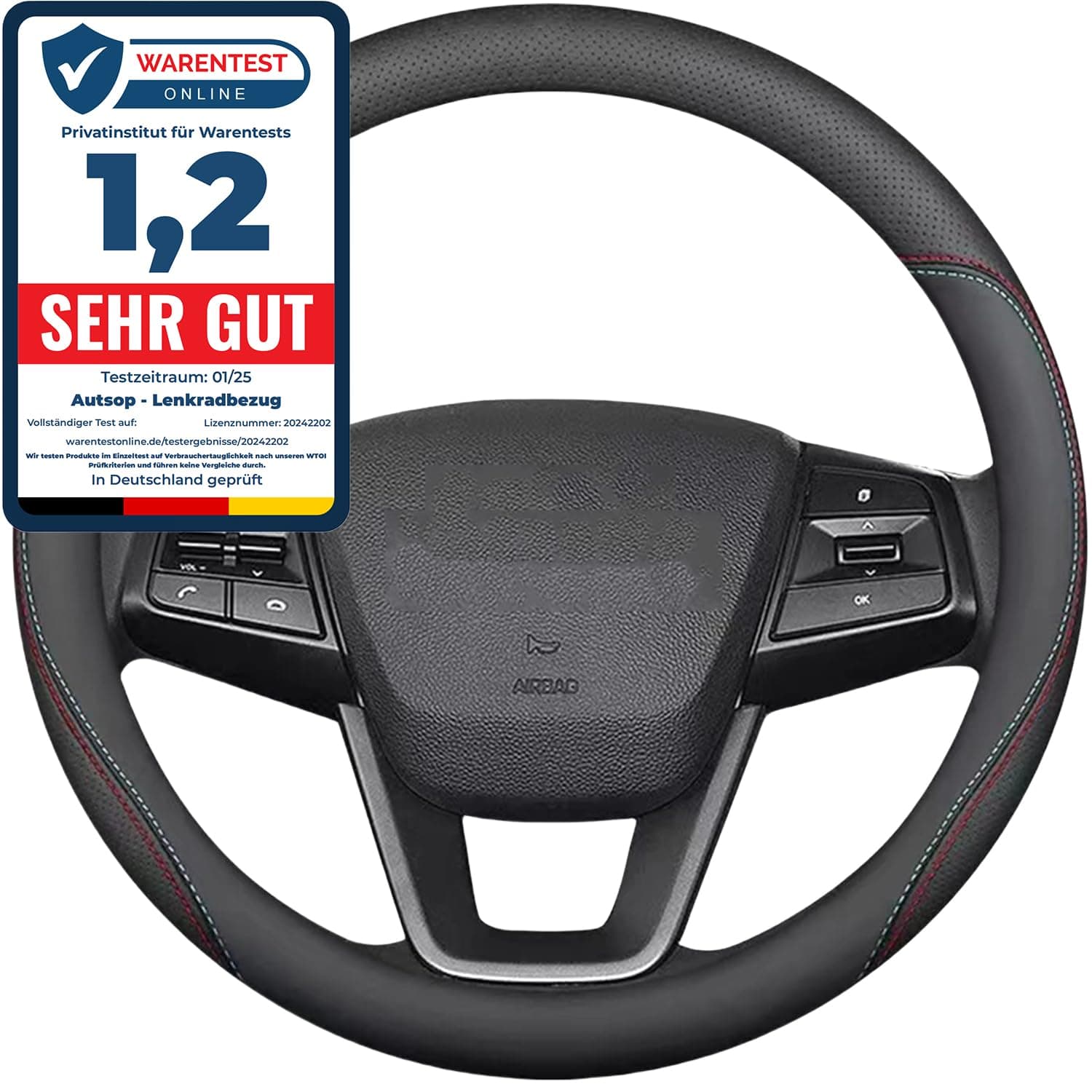 Autsop Lenkradbezug Auto Schwarz Nappa Leder,Rote und Blaue Linien Lenkradbezug Universal Größe 14.5-15 Zoll (37-39cm) Lenkradhülle für Sommer & Winter Auto Zubehör Interieur Schwarz (rote und blaue Linien)