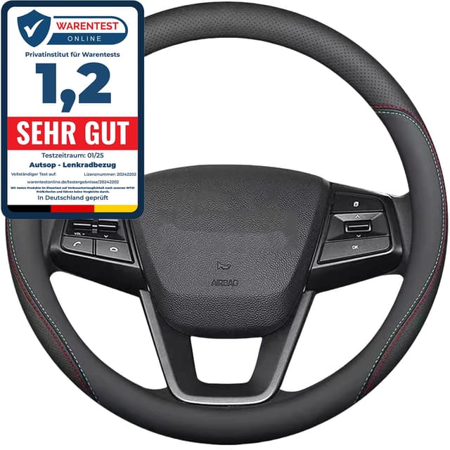 Autsop Lenkradbezug Auto Schwarz Nappa Leder,Rote und Blaue Linien Lenkradbezug Universal Größe 14.5-15 Zoll (37-39cm) Lenkradhülle für Sommer & Winter Auto Zubehör Interieur Schwarz (rote und blaue Linien)