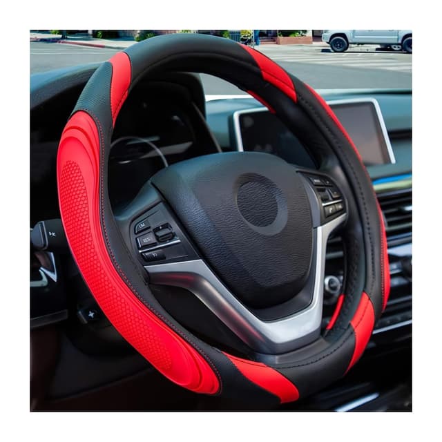 JNNJ Lenkradbezug Auto, Mikrofaser-Leder-Lenkradabdeckung, Sport Anti Rutsch Universal 38cm Lenkradbezug, Lenkrad Abdeckung Echtes Leder Breathable Anti Slip(Schwarz/Rot)