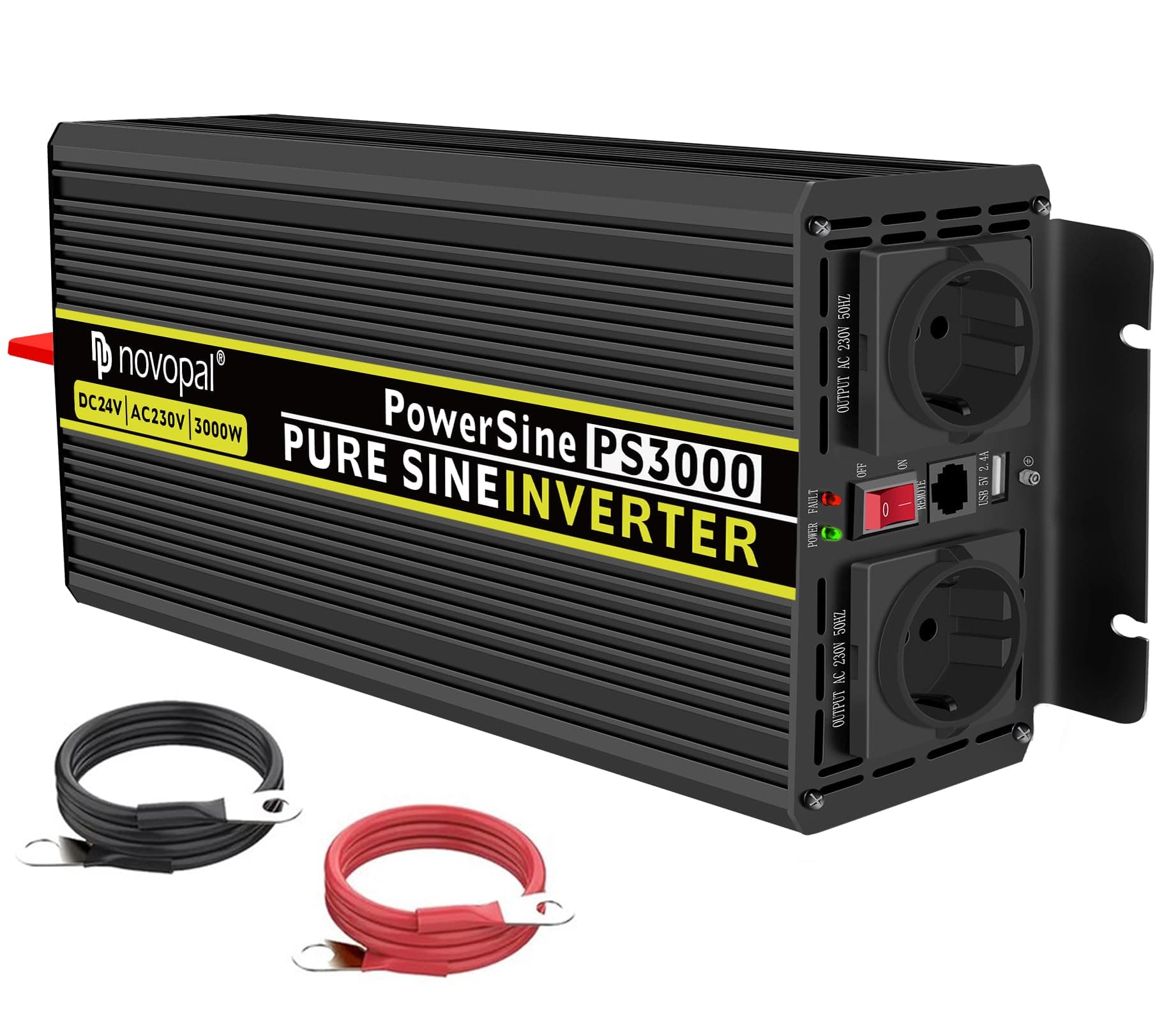 NOVOPAL 24v Wechselrichter 3000w Reiner Sinus spannungswandler 24v 230v Umwandler - Inverter Konverter mit 2 EU Steckdose und USB-Port - inkl. 5 Meter Fernsteuerung - Spitzenleistung 6000 Watt 3000W 24V