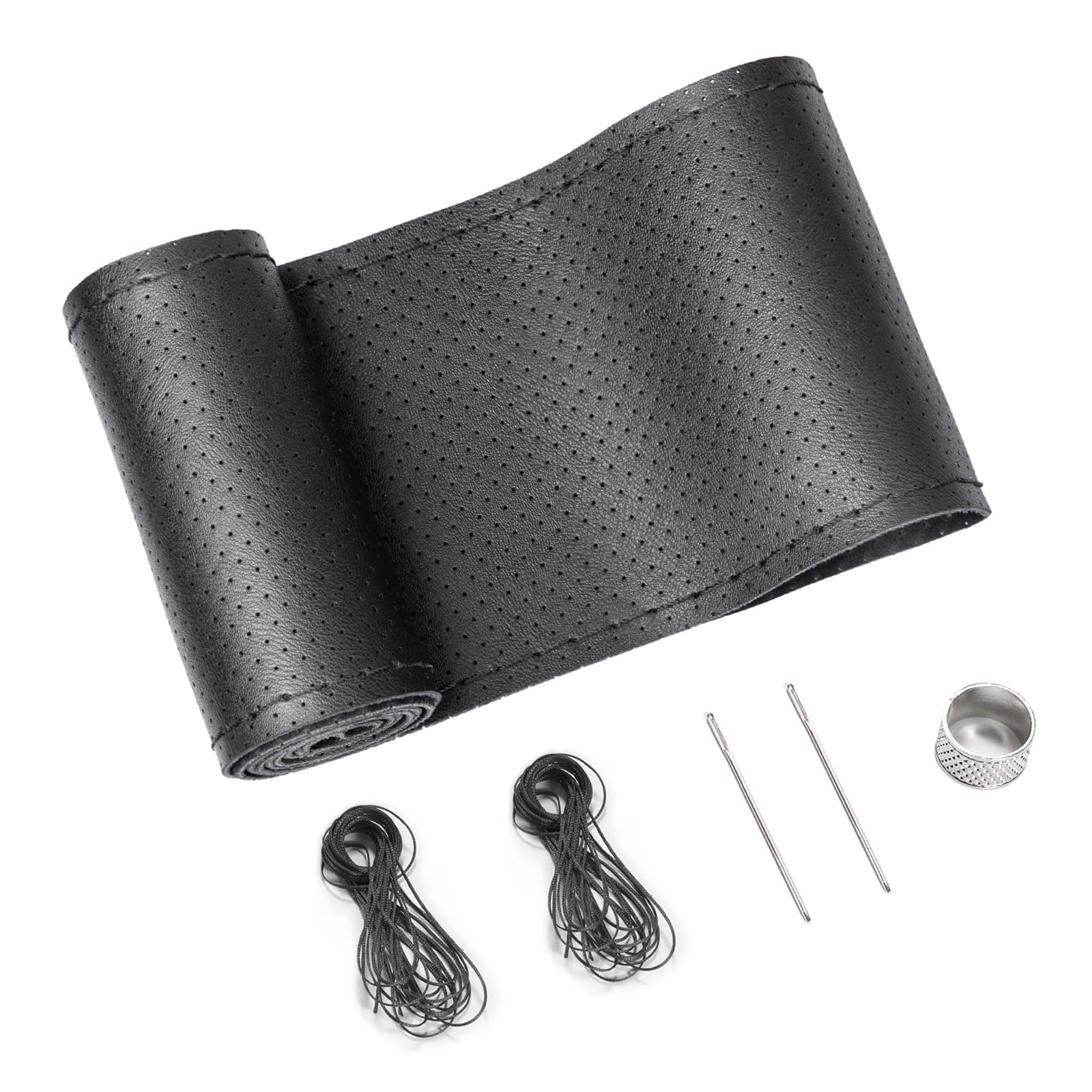 SEG Direct Echtes Leder Lenkradbezug, zum Aufnähen, Universal Passform 37-39 cm Autolenkräder, Handgenähtes atmungsaktives Rindsleder, Schwarz Schwarz mit Atmungsaktiven Poren