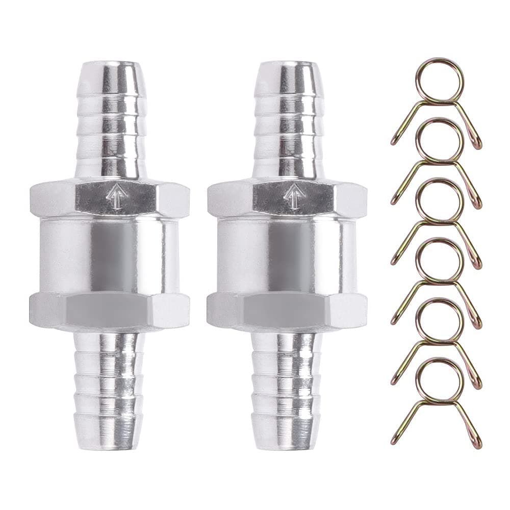 VooGenzek 2 Stück Kraftstoff Rückschlagventil, 10mm Aluminium Ventil Rückschlagventil, Rückschla Rücklaufsicherung Benzinmit 6 Stück Federklammer, für Benzin Wasser Chrom Auto Auto Niederdrucksystem
