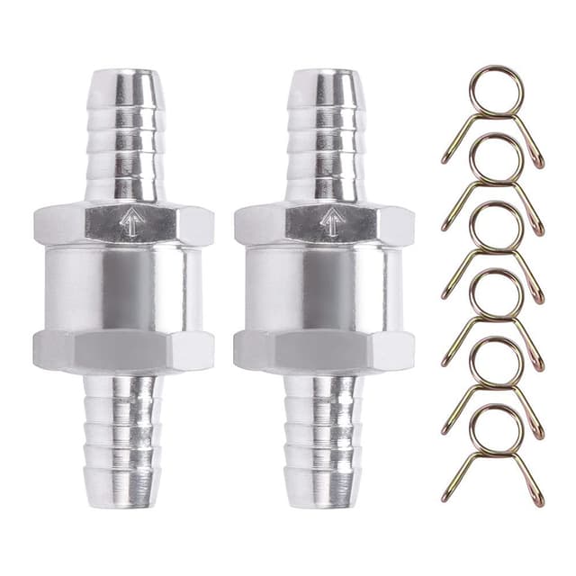 VooGenzek 2 Stück Kraftstoff Rückschlagventil, 10mm Aluminium Ventil Rückschlagventil, Rückschla Rücklaufsicherung Benzinmit 6 Stück Federklammer, für Benzin Wasser Chrom Auto Auto Niederdrucksystem