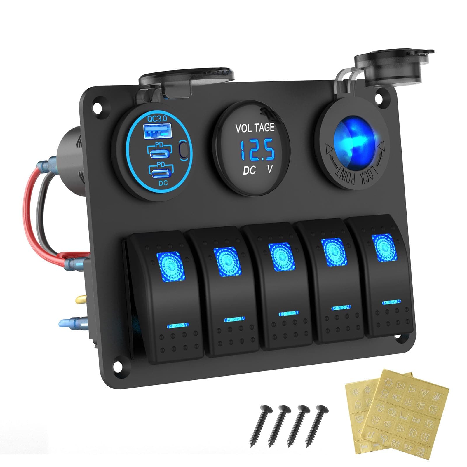 Marine Boot Schalttafel Wasserdicht, 5 Gang Wippschalter Aluminium Panel mit 3 Anschlüssen 66W 12V USB Steckdose Autoladegerät, 150W Zigarettenanzünder-Steckdose und Voltmeter für Lkw Auto Wohnmobil