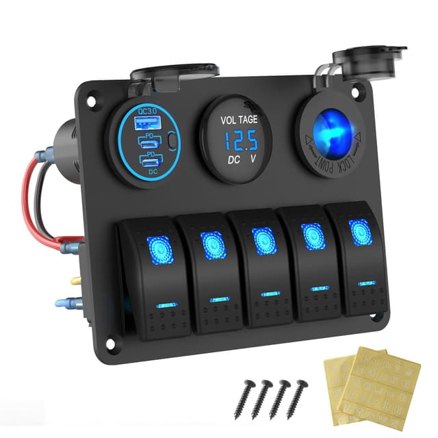 Marine Boot Schalttafel Wasserdicht, 5 Gang Wippschalter Aluminium Panel mit 3 Anschlüssen 66W 12V USB Steckdose Autoladegerät, 150W Zigarettenanzünder-Steckdose und Voltmeter für Lkw Auto Wohnmobil