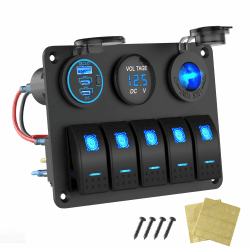Marine Boot Schalttafel Wasserdicht, 5 Gang Wippschalter Aluminium Panel mit 3 Anschlüssen 66W 12V USB Steckdose Autoladegerät, 150W Zigarettenanzünder-Steckdose und Voltmeter für Lkw Auto Wohnmobil Angebot bei HelloDeals