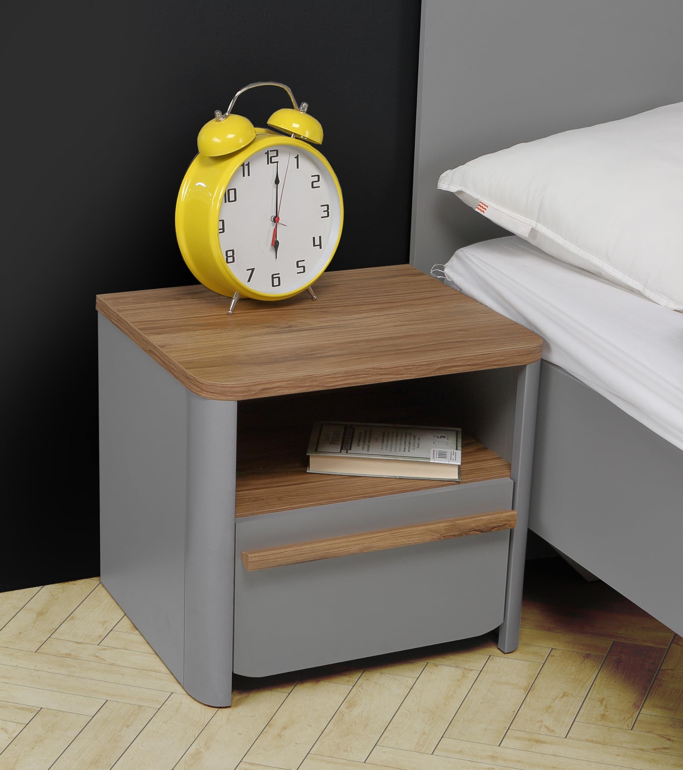 Forte SURFINIO Nachttisch 50, Moderner Nachttisch mit 1 Schublade, Nachtschrank, Holzwerkstoff, Grau/Catania Eiche Holywerkstoff, 48,6 cm breit x 44,1 cm hoch x 41,3 cm tief