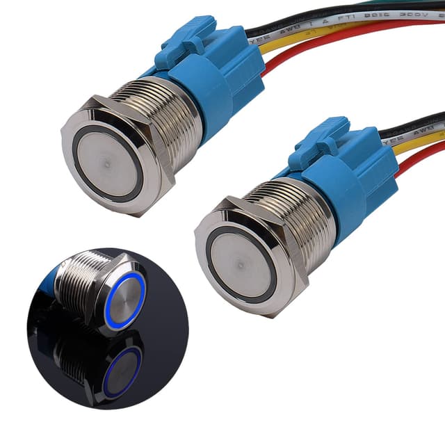 JIQI 2× 19mm 12V bis 24V 3A Latching wasserdicht Druckschalter Metall Ein/Aus Latch Taste Schalter mit LED Kontrollleuchte IP66 1NO1NC selbsthaltend vorverdraht Button Switch für Yacht Caravan (Blau) Blau/Ring 19mm/Rastend