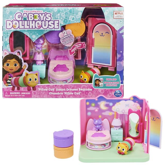 Gabby‘s Dollhouse Deluxe Raum, Sweet Dreams, Schlafzimmer mit Kuschelkatze Pillow Cat und 3 Zubehörteilen, 3 Möbelstücken und 2 Überraschungsboxen, geeignet für Kinder ab 3 Jahren