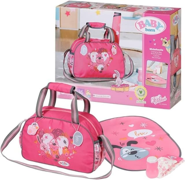 Zapf Creation 832455 BABY born Wickeltasche - Puppenwickeltasche in rosa grau inkl. Wickelunterlage, Windel und Puderdose