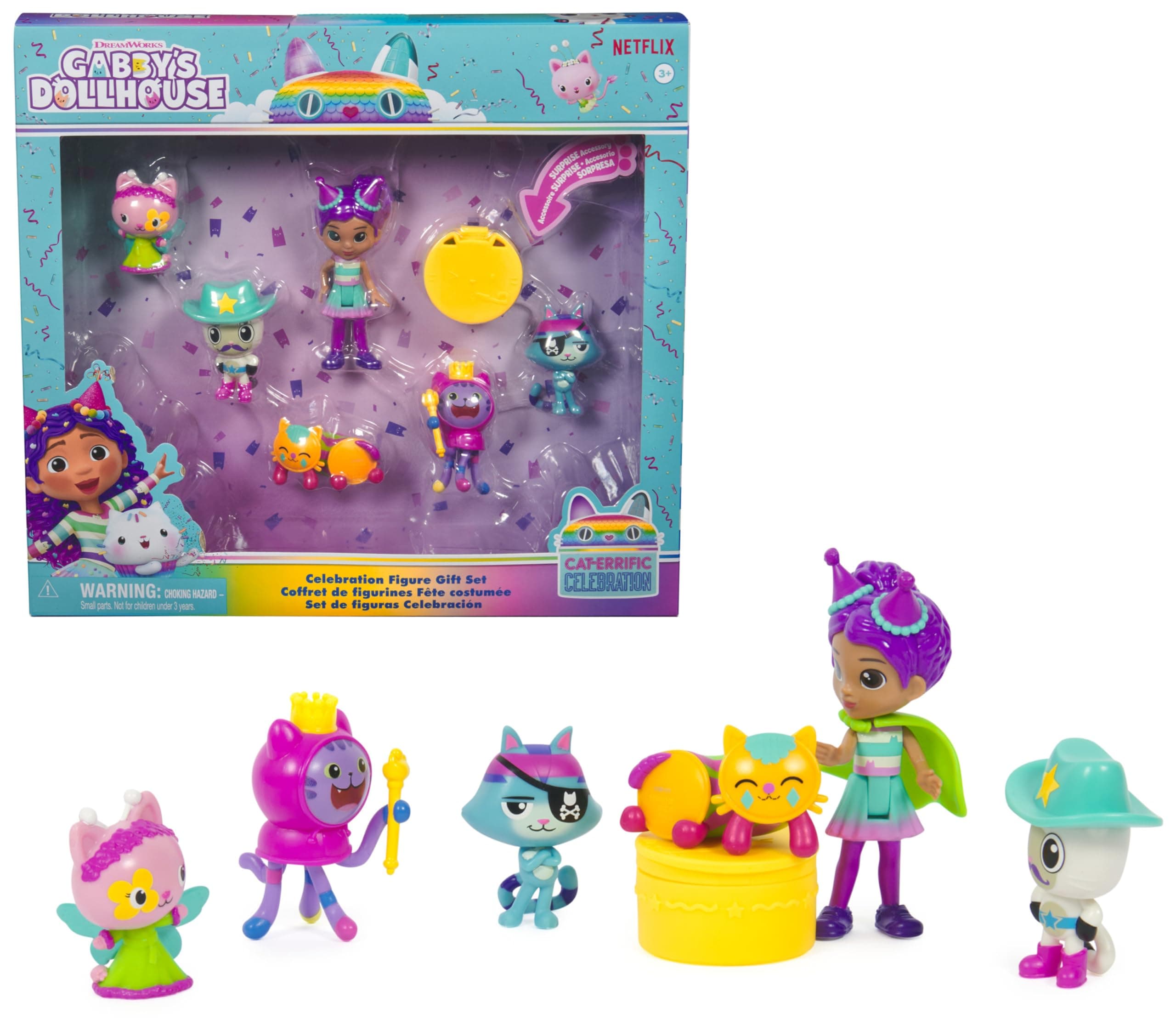 Gabby's Dollhouse, Party-Figuren Geschenkset, Party Gabby mit 6 Katzen-Figuren im festlichen Outfit, ab 3 Jahren