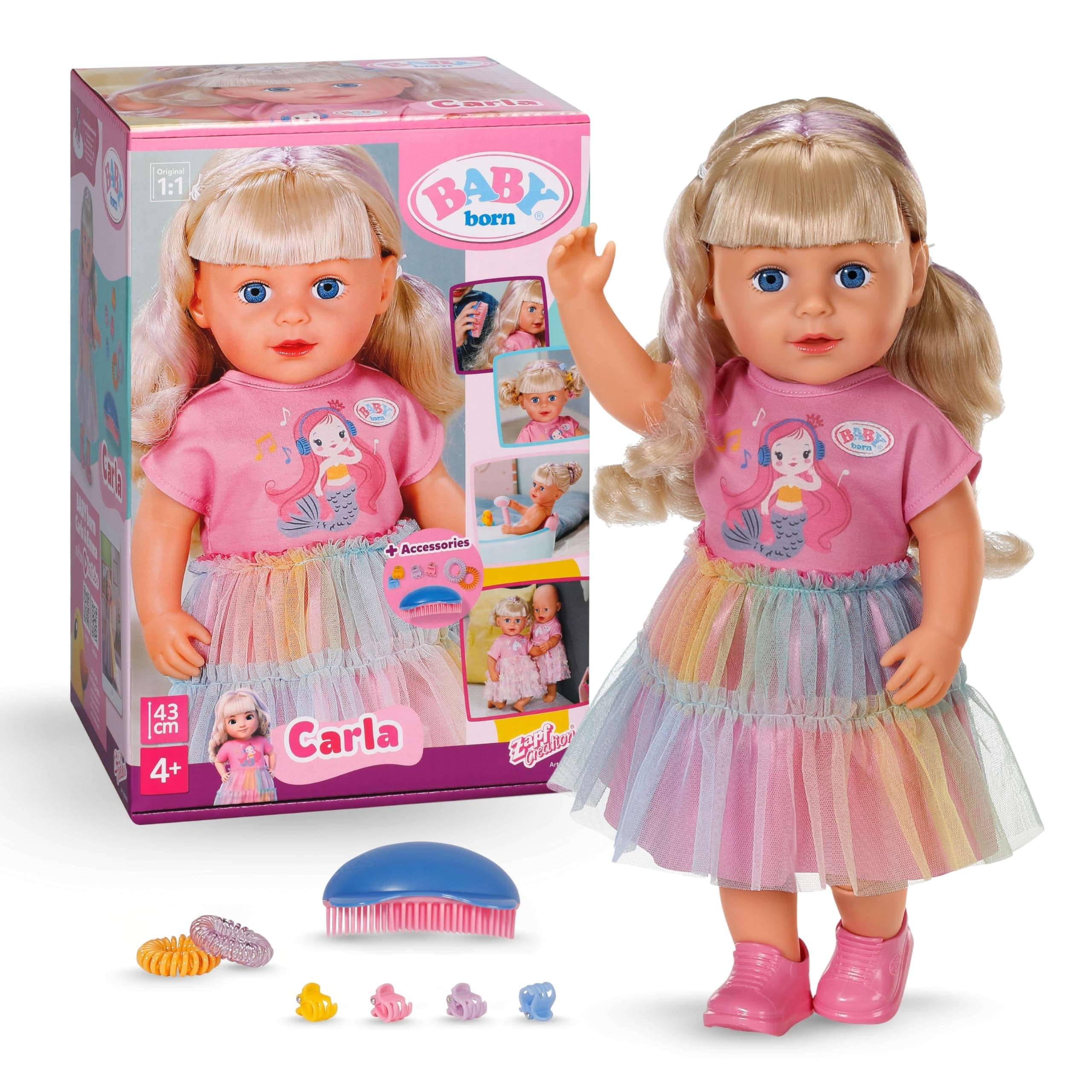 BABY born Carla - 43 cm große Puppe - Hochwertiges Blondes Haar mit Strähnen - Benötigt Keine Batterien - Geeignet für Kinder ab 4 Jahren - Inkl. 7 Accessoires, Rosa