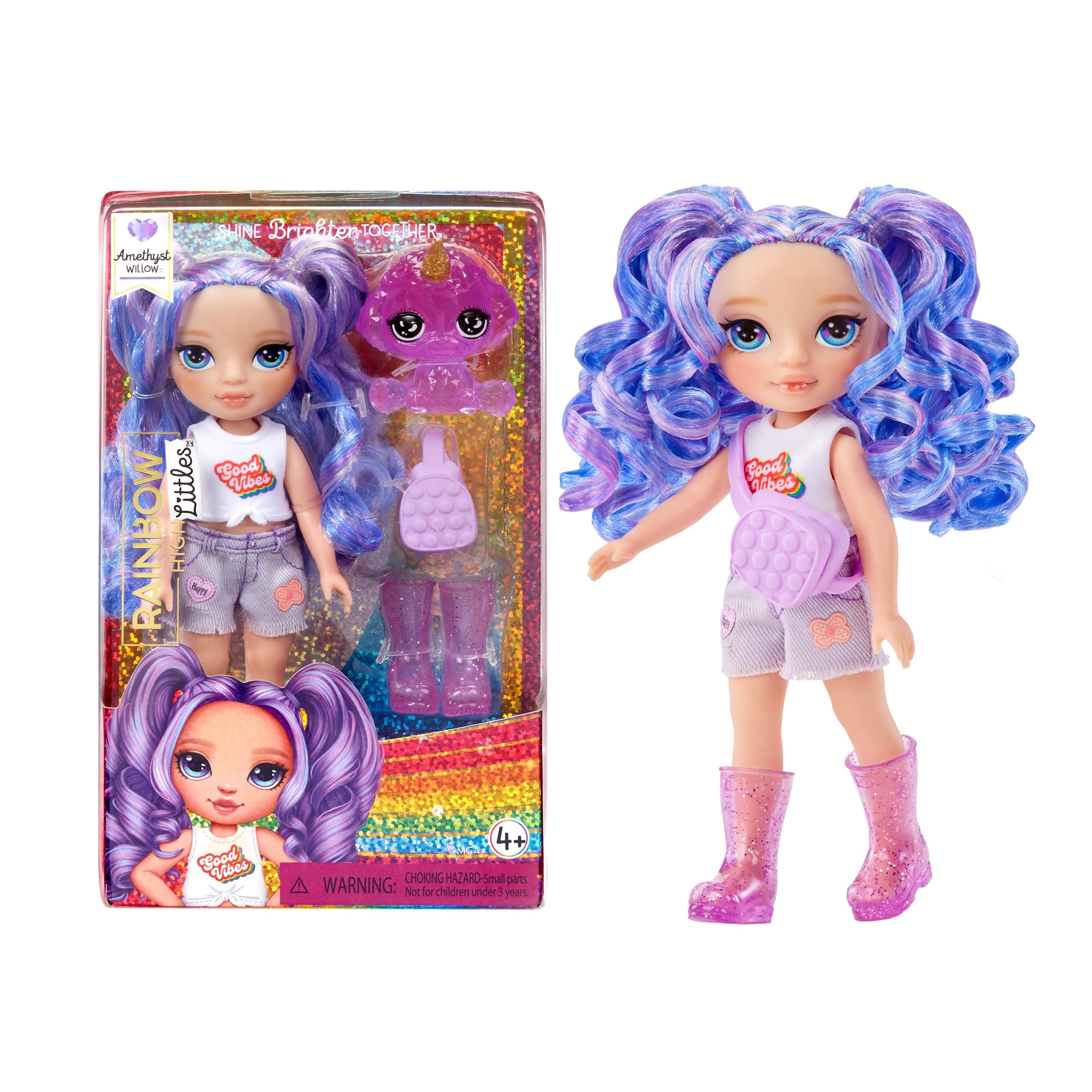 Rainbow High Littles - Amethyst Willow - Kleine, Bewegliche Modepuppe - Lila 14 cm Große Puppe mit Handtasche und Magischem Hund - für Kinder und Sammler