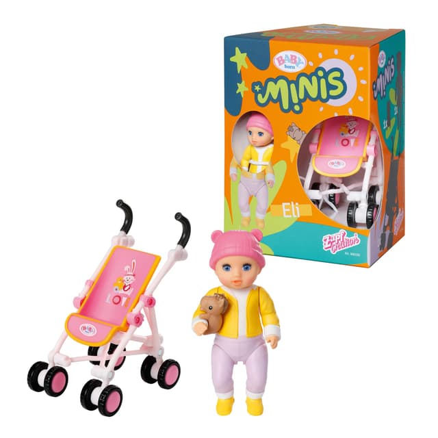 BABY born Minis Kinderwagen-Spielset mit Minis-Puppe Eli und Kuscheltier, 906156 Zapf Creation