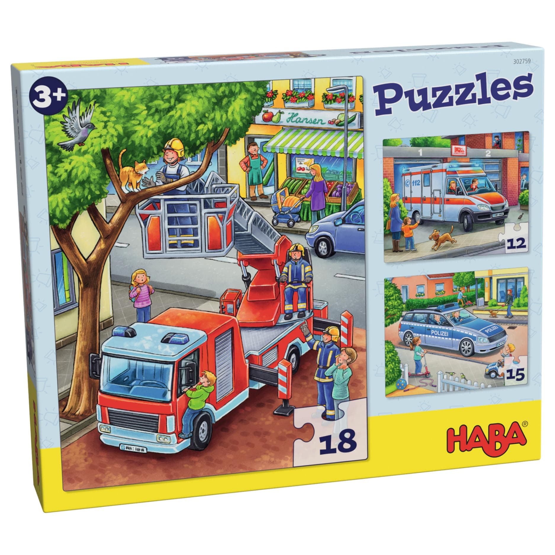 HABA Feuerwehr-Puzzle – 3-teiliges Set für Kinder ab 3 Jahren, Papp-Puzzle mit Polizei- und Rettungswagen-Motiven – Fördert Feinmotorik und Konzentration – 1302759001