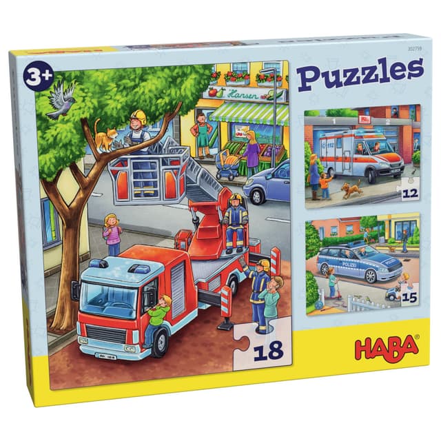 HABA Feuerwehr-Puzzle – 3-teiliges Set für Kinder ab 3 Jahren, Papp-Puzzle mit Polizei- und Rettungswagen-Motiven – Fördert Feinmotorik und Konzentration – 1302759001