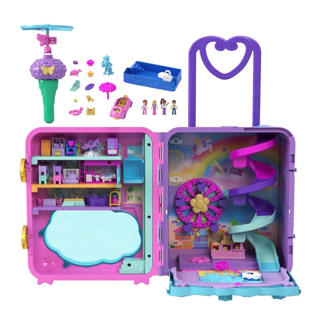 Polly Pocket Pollyville Urlaub im Rollkoffer - 4 Puppen, 1 Fahrzeug, 25+ Zubehörteile, Strand, Promenade, dreistöckiges Hotel mit Helikopter, für Kinder ab 4 Jahren, HKV43 Rosa