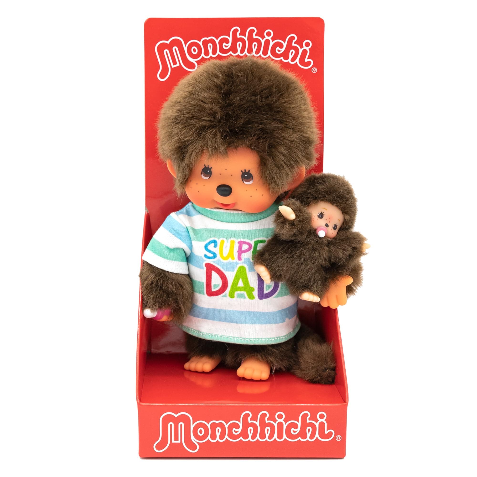 Sekiguchi 220960 - Original Monchhichi Junge, Plüschtier Papa mit Kind, Super Dad, ca. 20 cm großes Kuscheltier aus braunem Plüsch, Braun