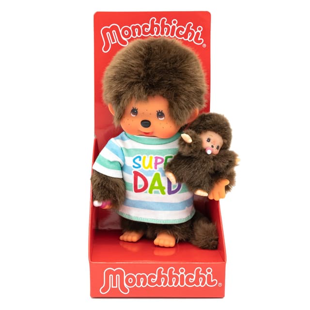 Sekiguchi 220960 - Original Monchhichi Junge, Plüschtier Papa mit Kind, Super Dad, ca. 20 cm großes Kuscheltier aus braunem Plüsch, Braun
