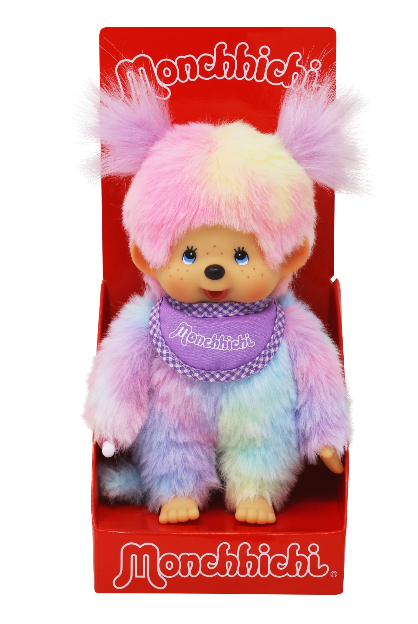 Sekiguchi 242153 - Original Monchhichi Mädchen, Plüschfigur mit Lätzchen und Zöpfen, ca. 20 cm großes Kuscheltier aus buntem Plüsch