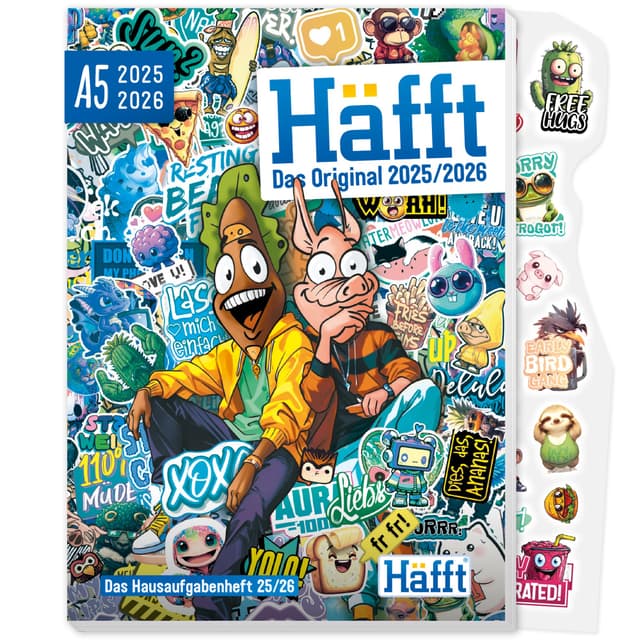 Häfft® Original Hausaufgabenheft 2025/2026 A5 "Stickermania" ultimativer Schülerkalender, Schülerplaner - nachhaltig & klimafreundlich