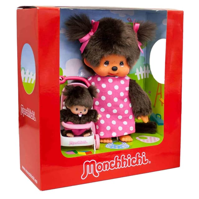 Sekiguchi 254930 - Original Monchhichi Mutter mit Kind im Kinderwagen, Plüschfigur mit Pünktchenkleid und zwei Zöpfen mit pinker Schleife, ca. 20 cm großes Kuscheltier aus braunem Plüsch